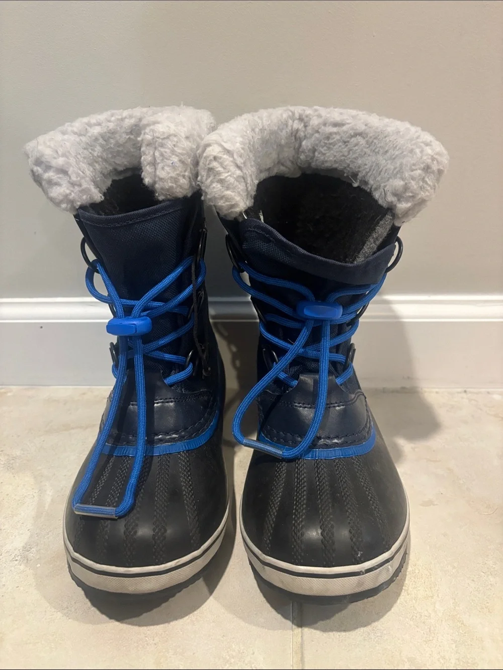 Sorel Kids Navy and Bright Blue Winter Boots with Fleece Cuff